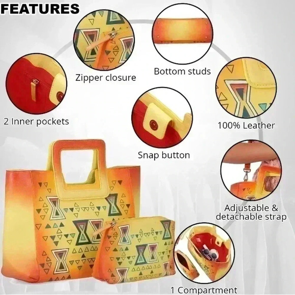 SUKRITI Set of 3, Orange & Yellow Geometric Hand Painted Leather Tote Bag - Picture 7 of 8